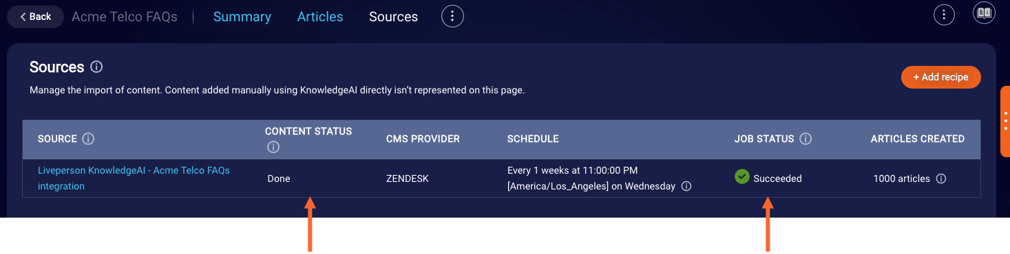 The Sources page showing that the last recipe run was successful from a job status standpoint and a content status standpoint