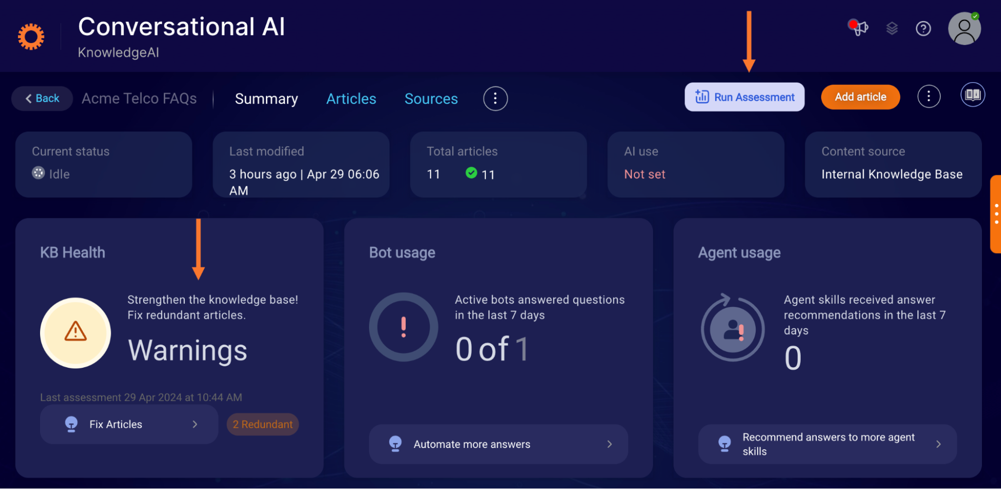 The Summary page of a knowledge base, with a callout to the KB Health alerts and Run Assessment button