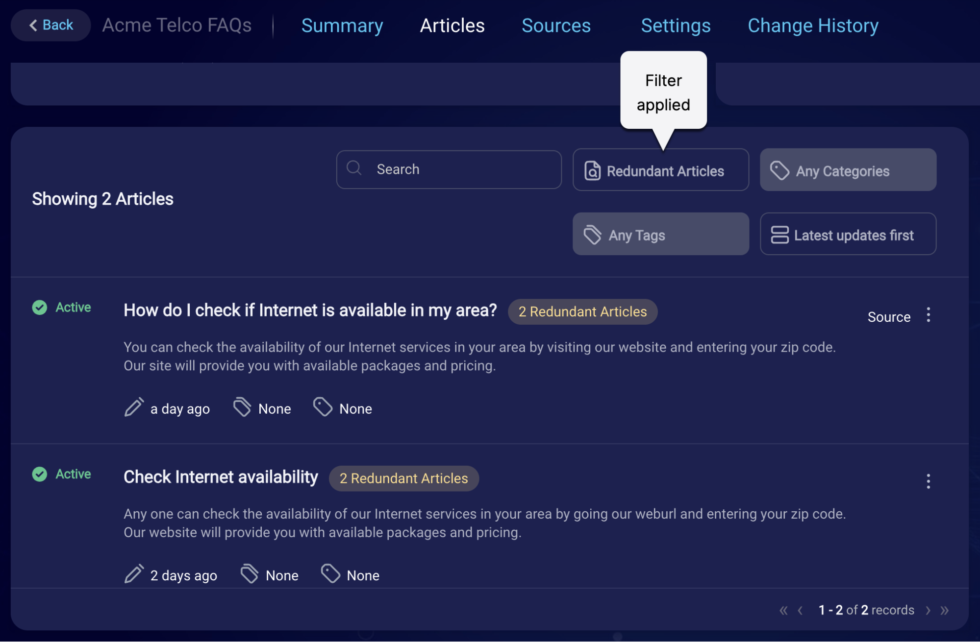 The Articles page in a knowledge base, with a callout to the Redundant Articles filter