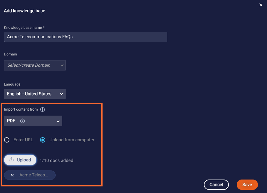 Add knowledge base dialog with a callout to the Import content from setting