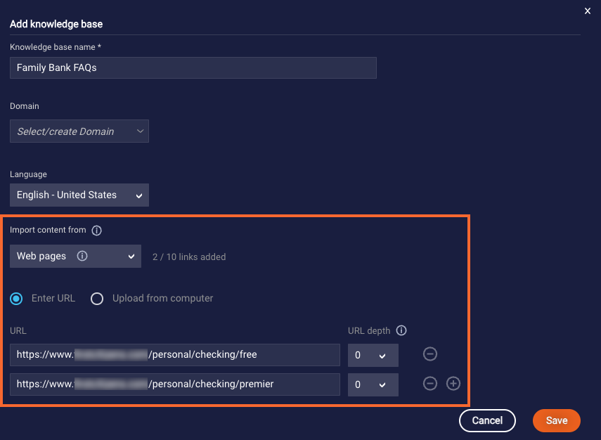 The Add knowledge base dialog with a callout to the Import content from setting