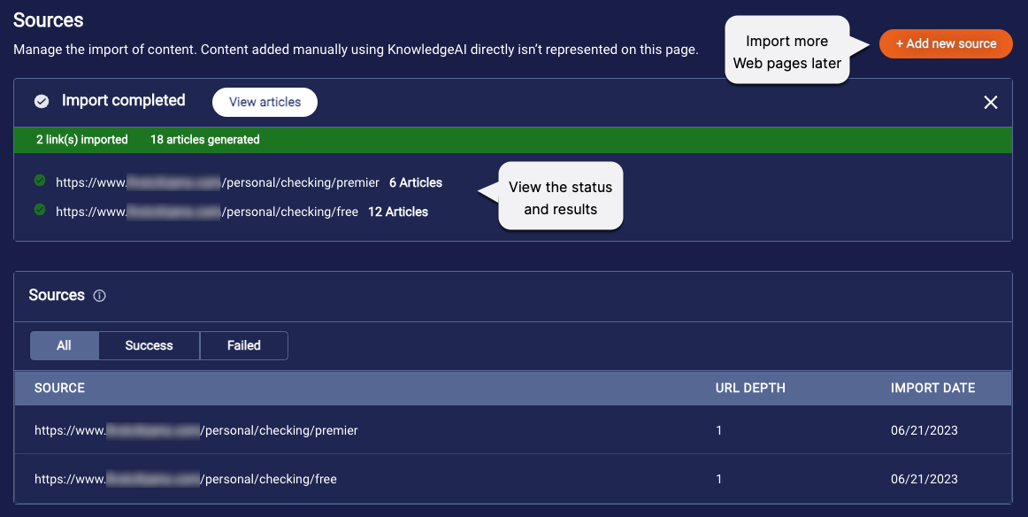 The Sources page showing the status indicators for a completed import