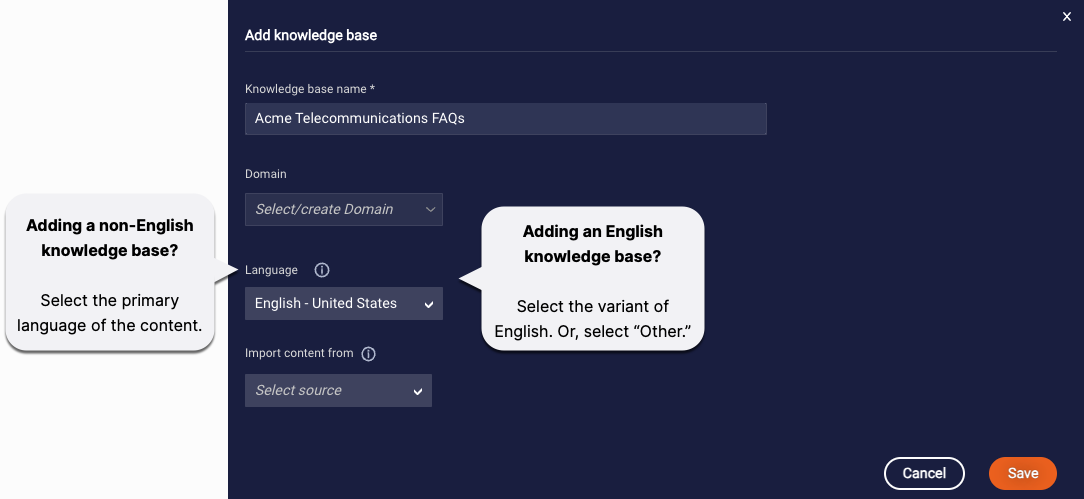 The Language dropdown in an internal knowledge base