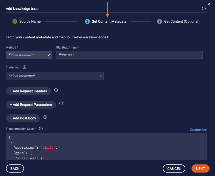 Add a Knowledge Base window, where you specify how to get the content metadata