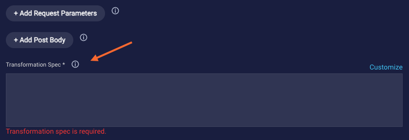 An example of no default spec provided in the Transformation Spec field