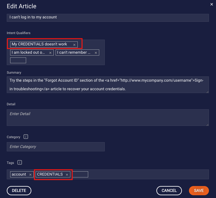 The configuration of an example article that makes use of entities