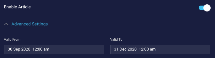 The Enable Article, Valid From, and Valid To settings for an article