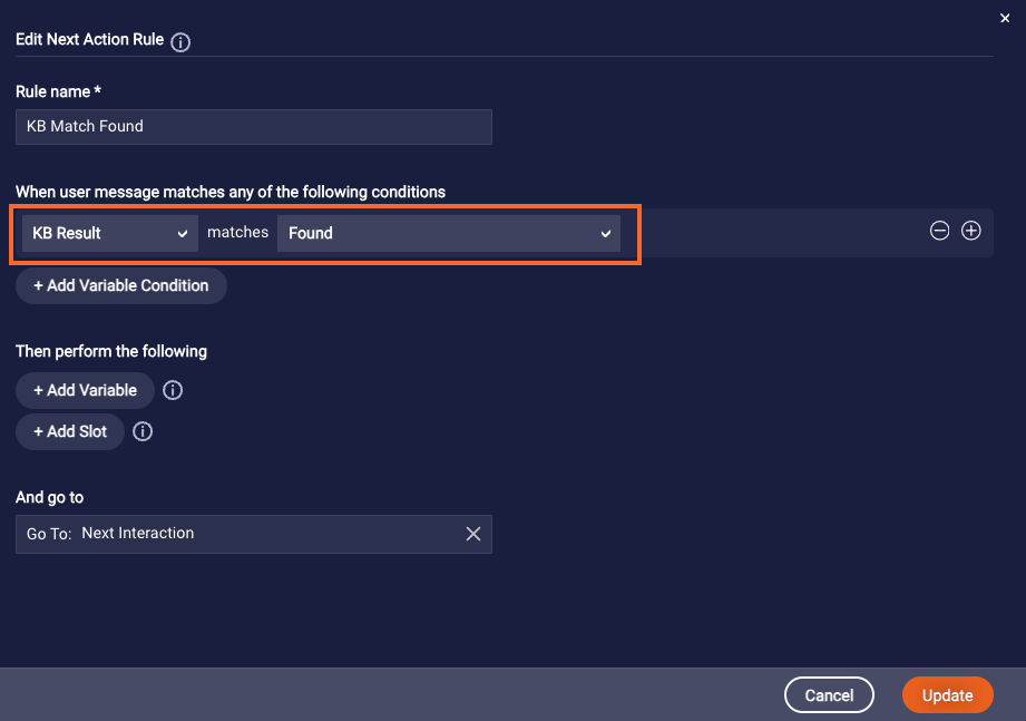 Configuring the KB Result condition in the rule