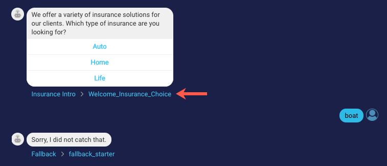 Clicking the link for the interaction that is causing the failure, to go to that interaction in the dialog editor in Conversation Builder