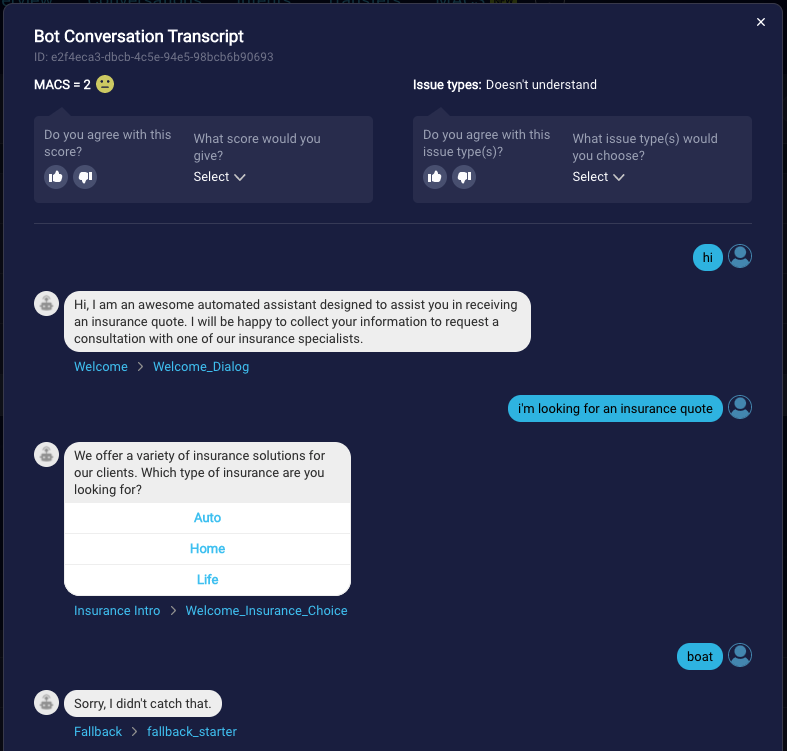 The affordances for sending feedback to LivePerson on MACS scores and reasons