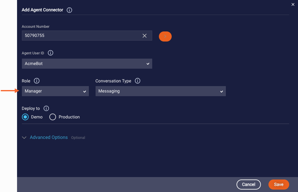 The Add Agent Connector window, with a callout to the Role field