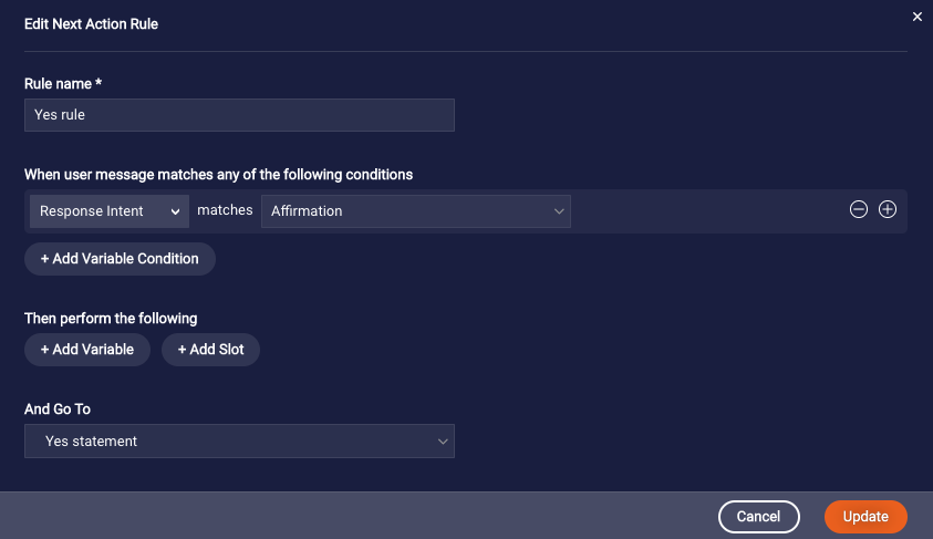 A Yes rule with a condition that checks for a Response Intent match type, with a match to the Affirmation intent