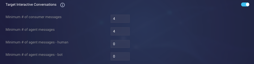 The Target Interactive Conversations setting in the UI, including its subsettings for specifying the minimum number of messages that must be sent for the survey to be triggered