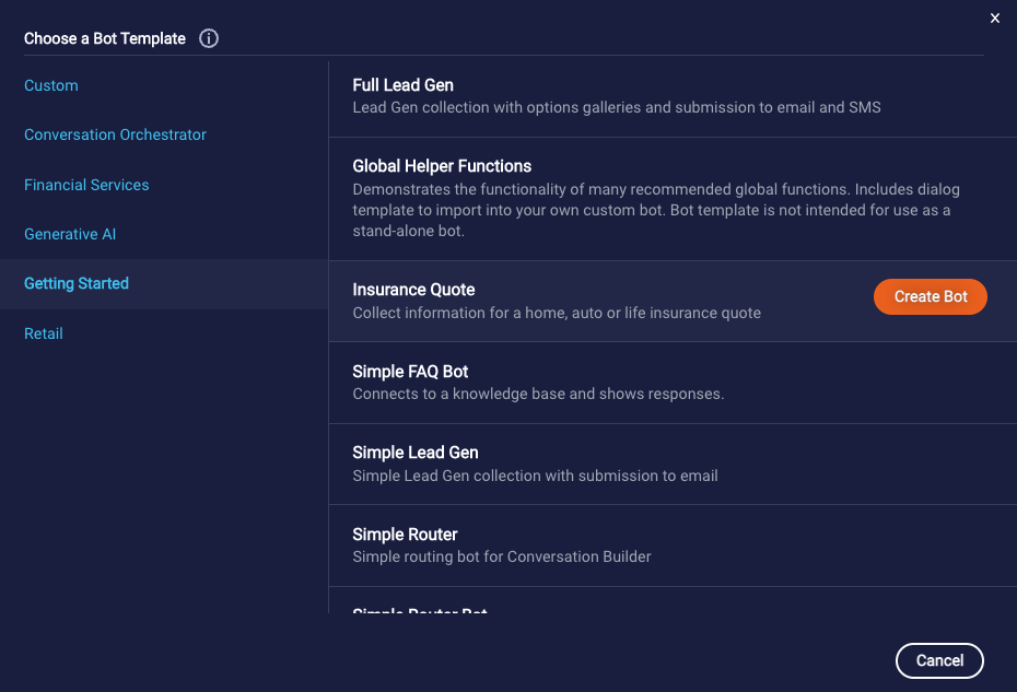 The Choose a Bot Template window, which shows the list of industry-specific templates, one with the Create Bot button displayed