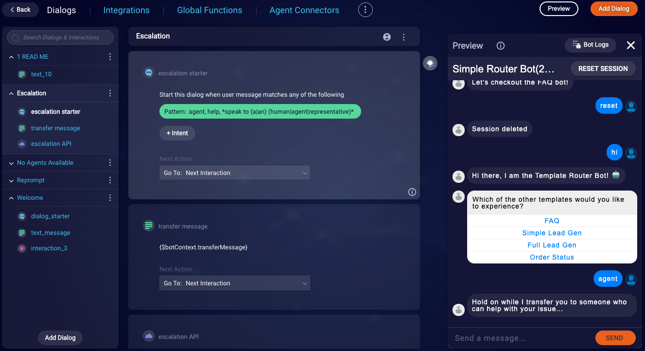 The Escalation dialog in a bot created from the Simple Router bot template