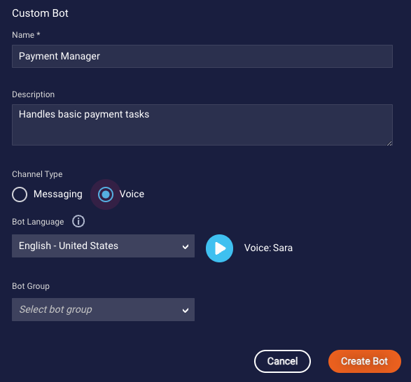 The Custom Bot dialog that you use to create a Voice bot, with Voice selected as the Channel Type