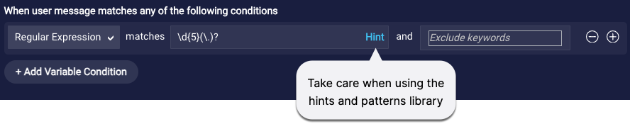 A callout to the Hint link that opens the hints and patterns library when defining a regular expression in a rule