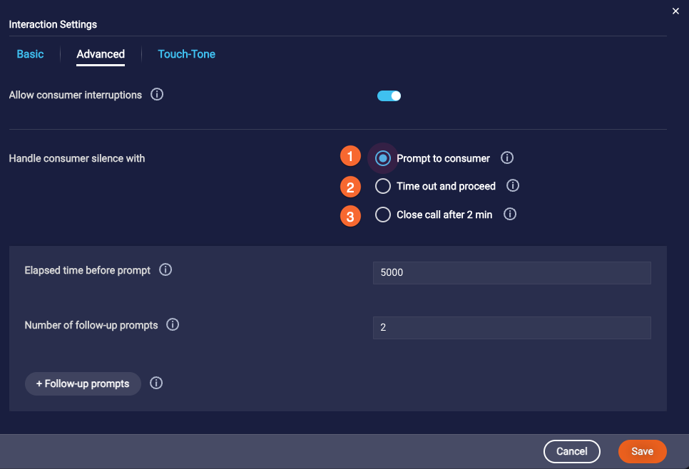 The Advanced tab in a Speech question interaction, which has settings to configure for handling silence