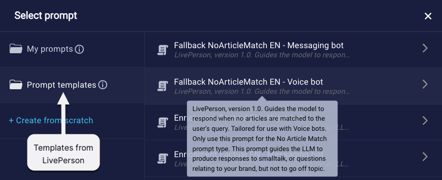 A view of the Prompt Library with LivePerson's templates listed