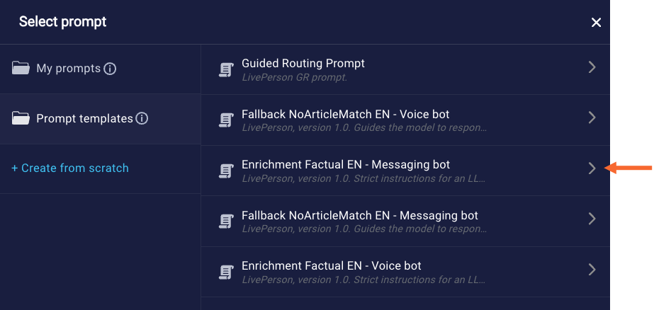 The Select Prompt window with a callout to the right-facing arrow to click to select the prompt template