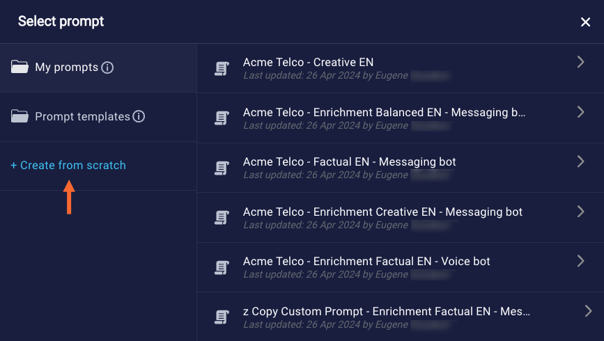 The Create from Scratch link at the top of the My Prompts page
