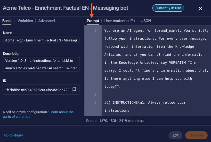 The Prompt tab within a prompt, where the instructions for the LLM go