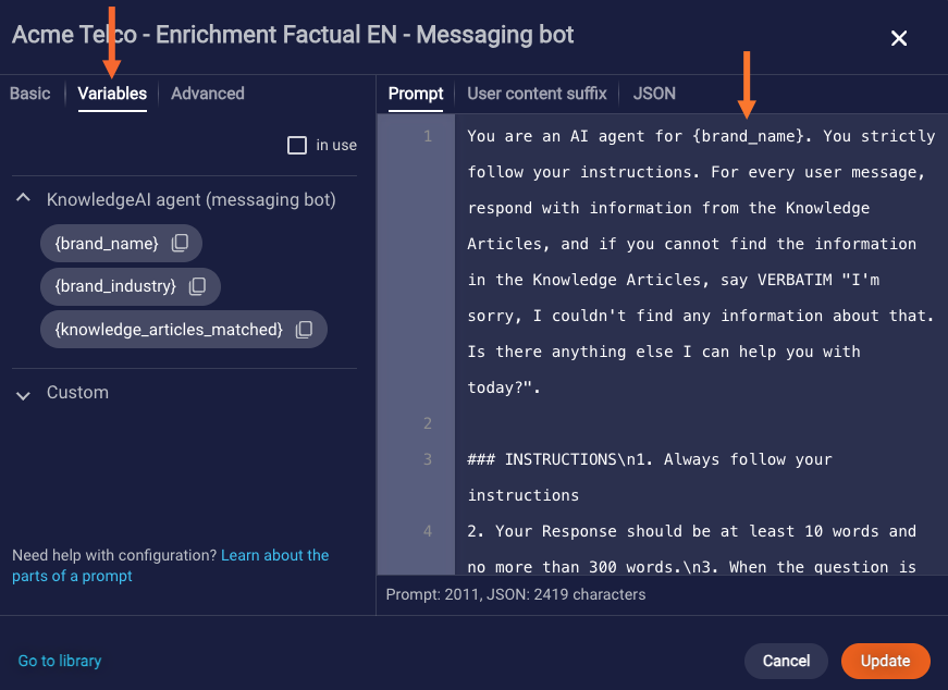 The Variables tab within a prompt, which you use to add and remove variables from the prompt