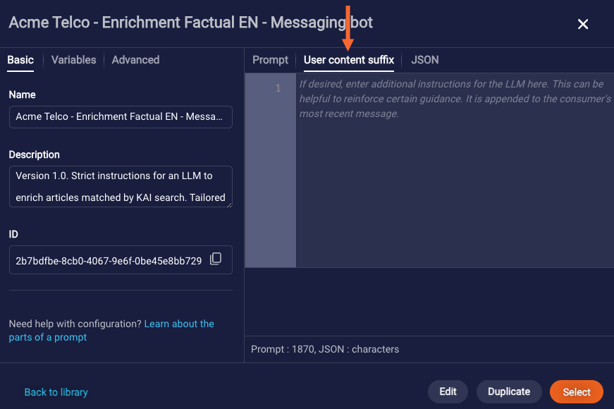 The User Content Suffix tab within a prompt, where instructions that you want reinfored for the LLM go