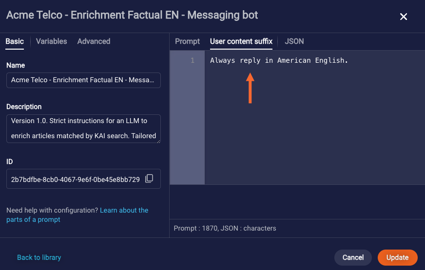 Specifying guidance in the User Content Suffix tab