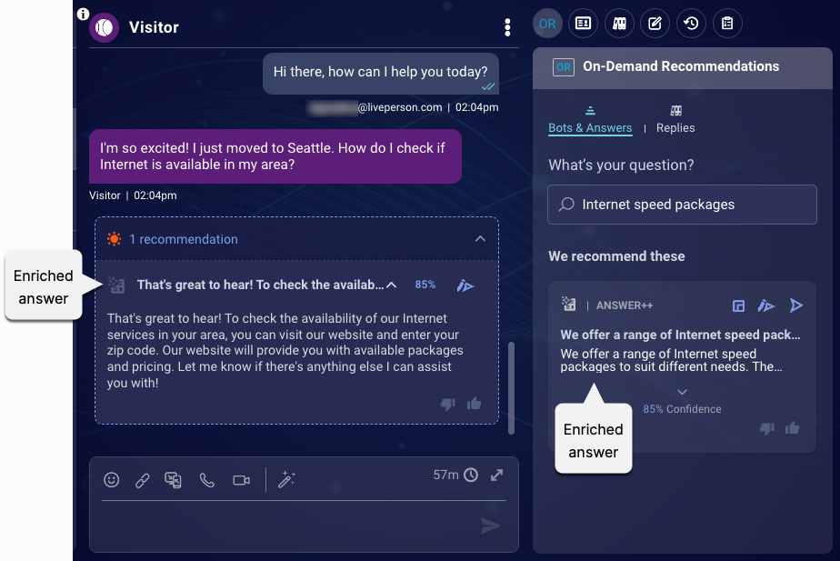 An example of enriched answers being offered to an agent inline in a conversation, as well as via the On-Demand Recommendations widget