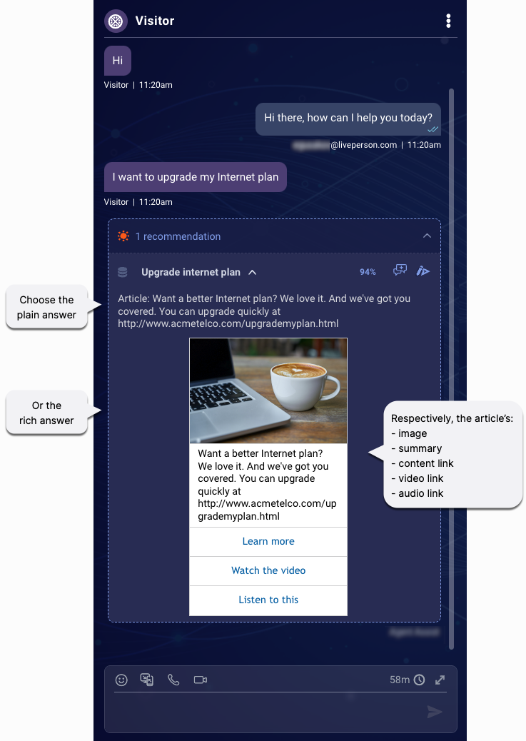 Rich answers being offered to the agent along with plain answers, inline in a conversation
