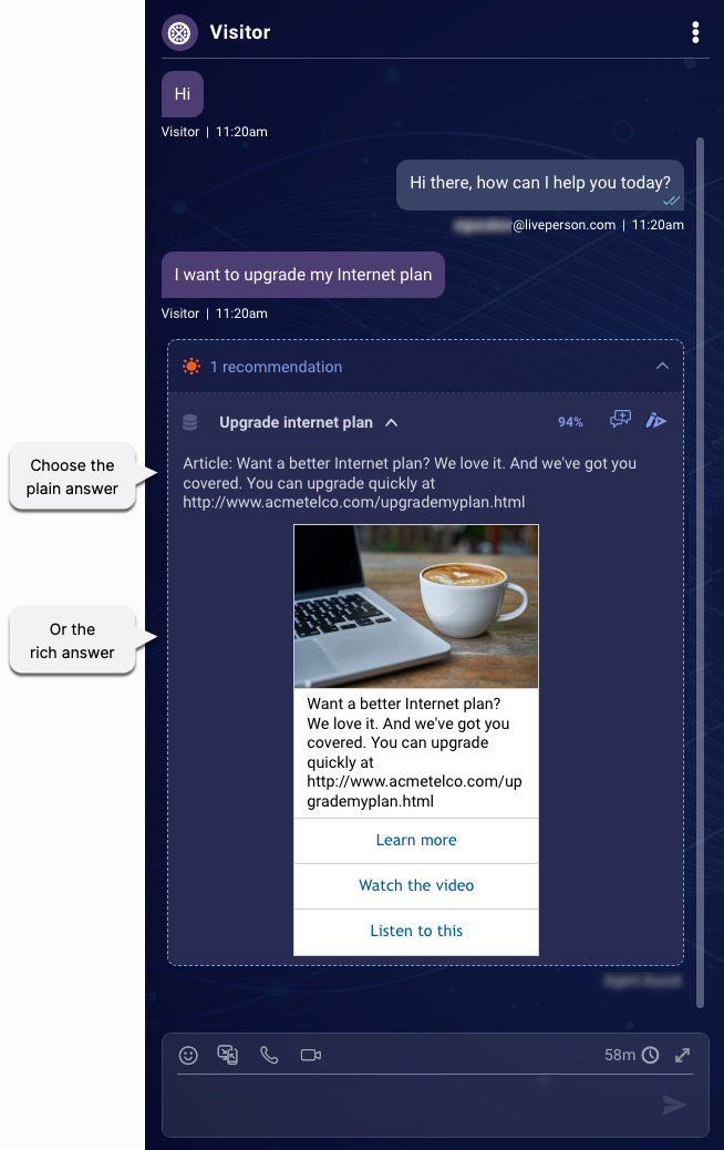 Rich answers being offered to the agent along with plain answers, inline in a conversation