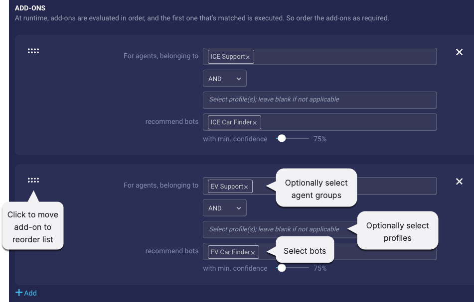 The add-on attributes of a rule, with a callout to the move icon that can be used for reordering add-ons