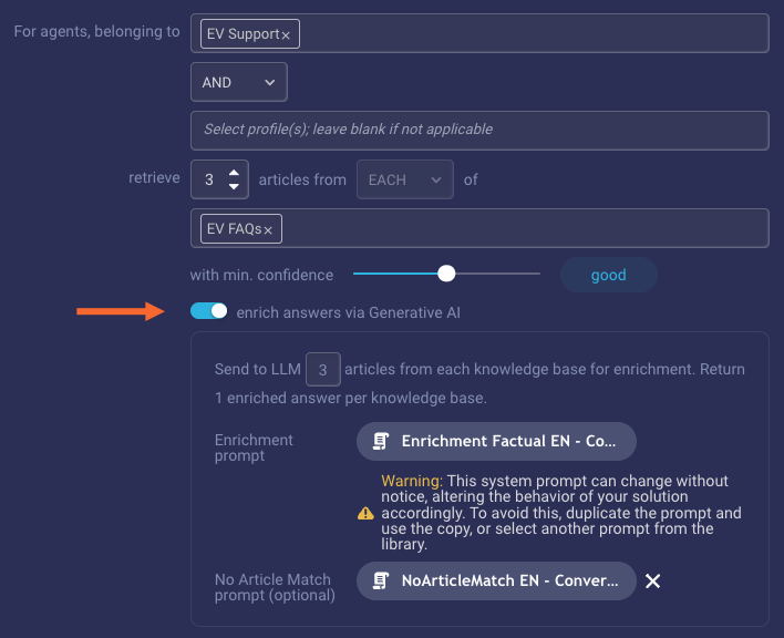 A callout to the toggle for turning on enriched answers via Generative AI