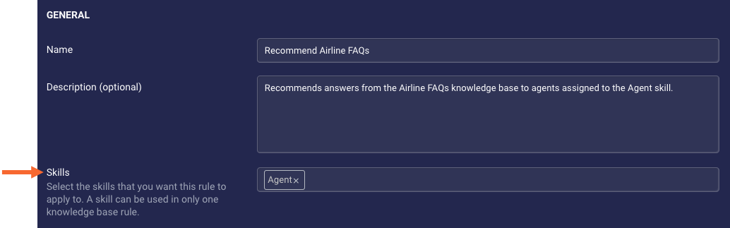 Selecting Agent as the skill for the rule