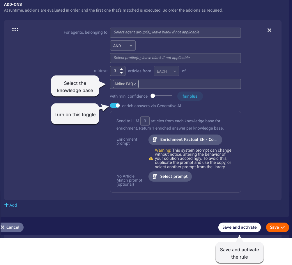 Selecting the Airline FAQ knowledge base in the rule