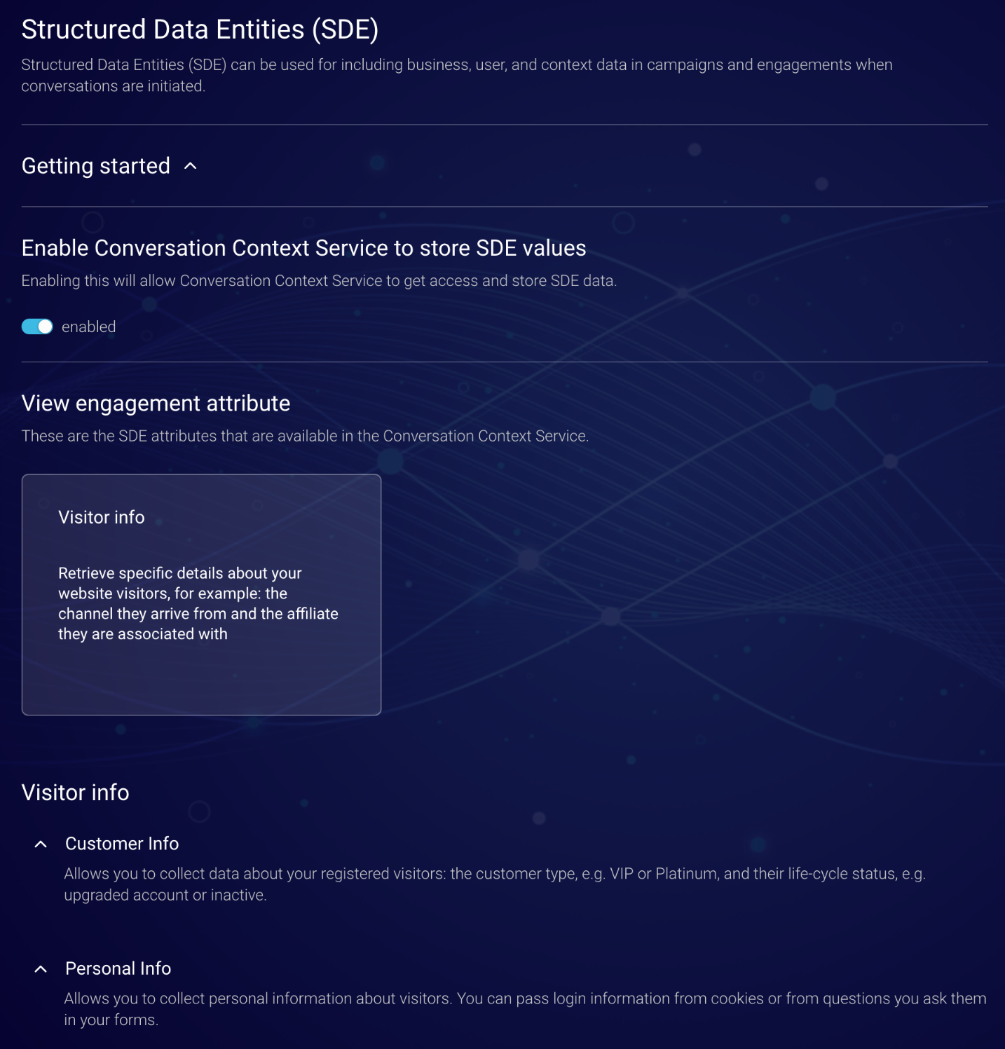 The Structured Data Entities page where you can enable the CCS to store SDE values and more