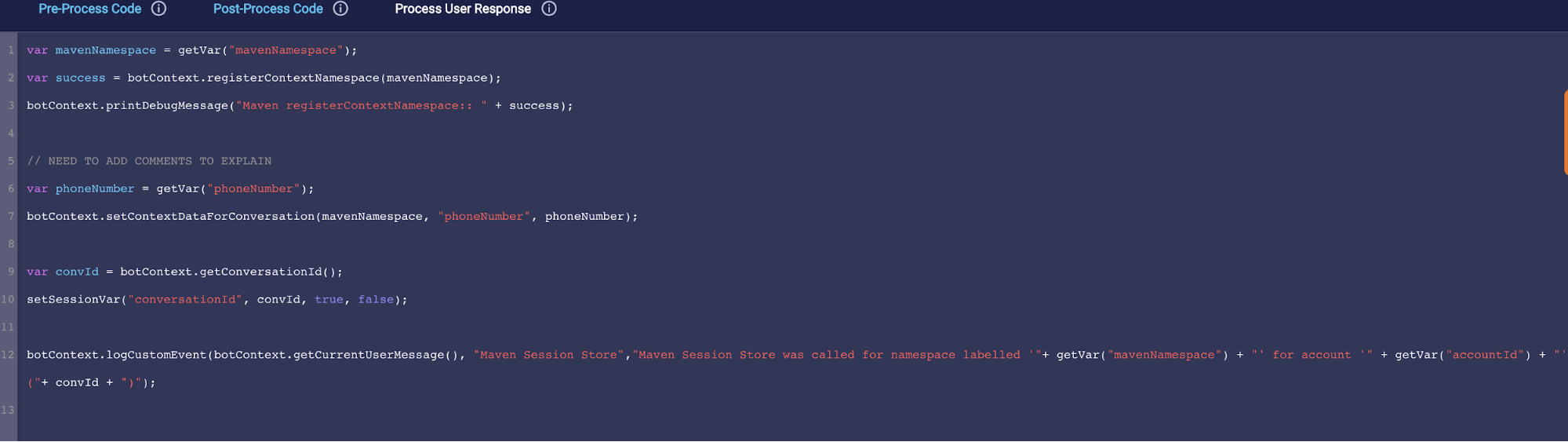 The Process User Response code panel in the interaction