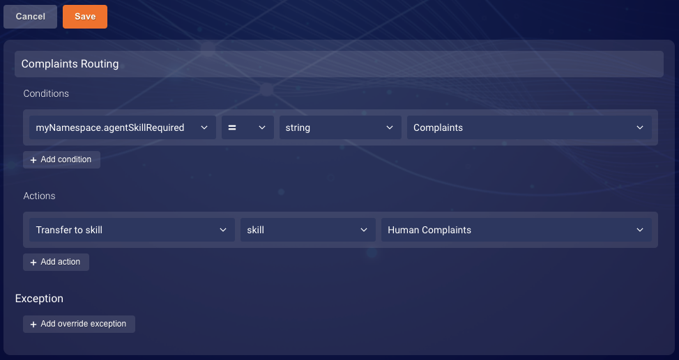 The configured policy named ‘Complaints Routing’