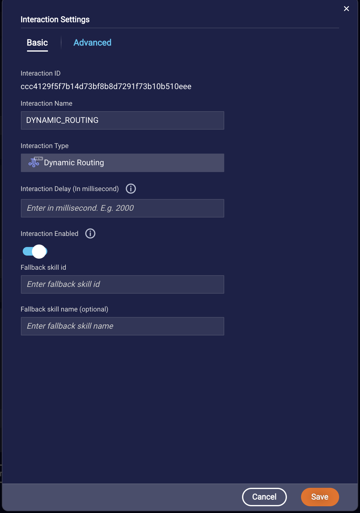 The Basic interaction settings in a Dynamic Routing interaction, which includes the field for entering a fallback skill ID