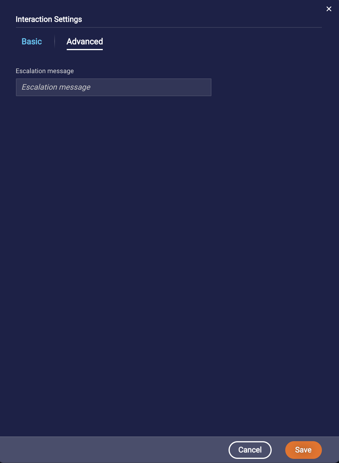 The Advanced interaction settings in a Dynamic Routing interaction, which includes the field for entering an escalation message