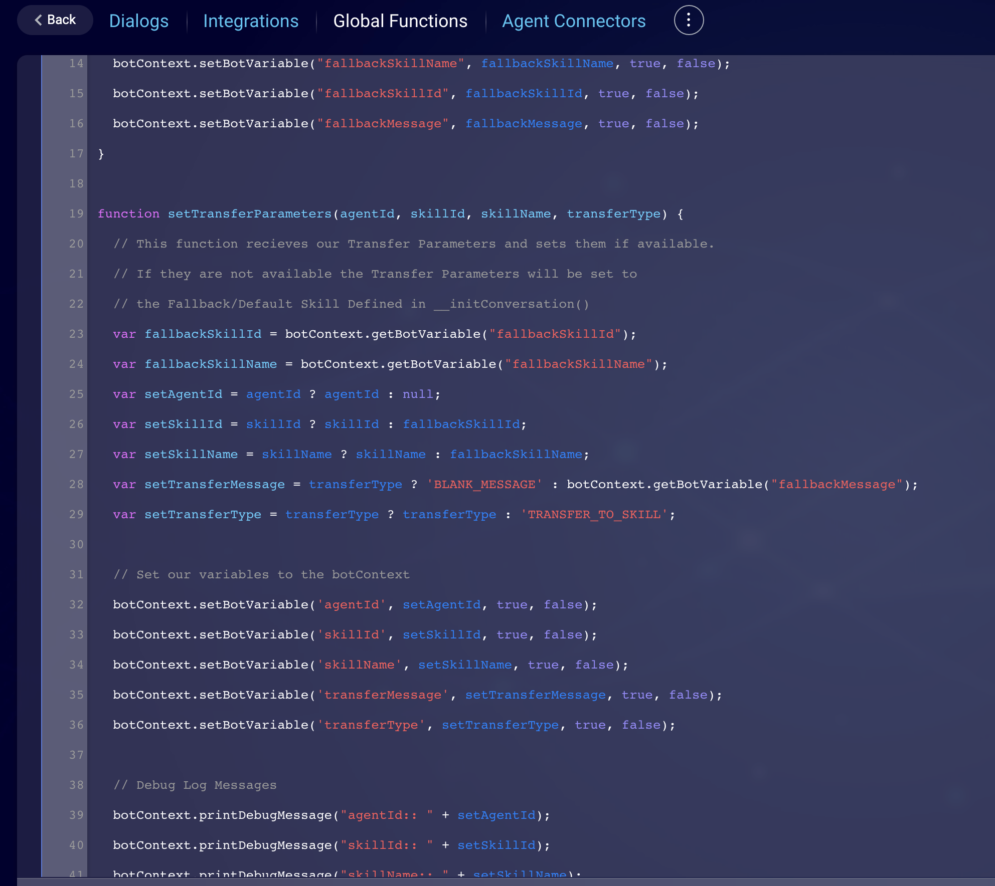 The Global Functions page that includes a new function that sets transfer parameters