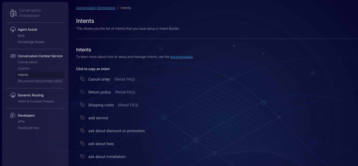 The Intents page under the Conversation Context Service section of the Conversation Orchestrator application