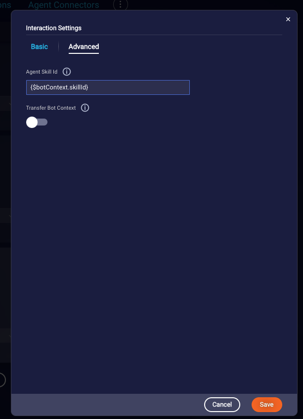 The Advanced settings of the interaction, which includes the AGent Skill Id field