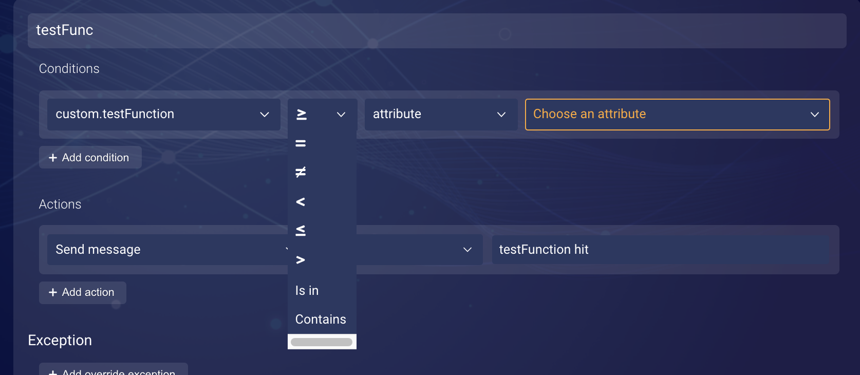 The list of operators you can use when adding a condition