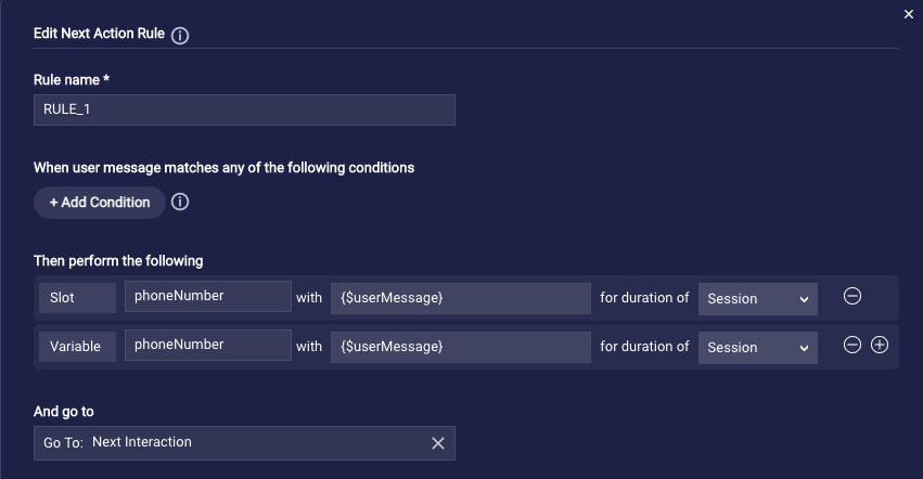 The configuration of the custom rule that captures the phoneNumber variable