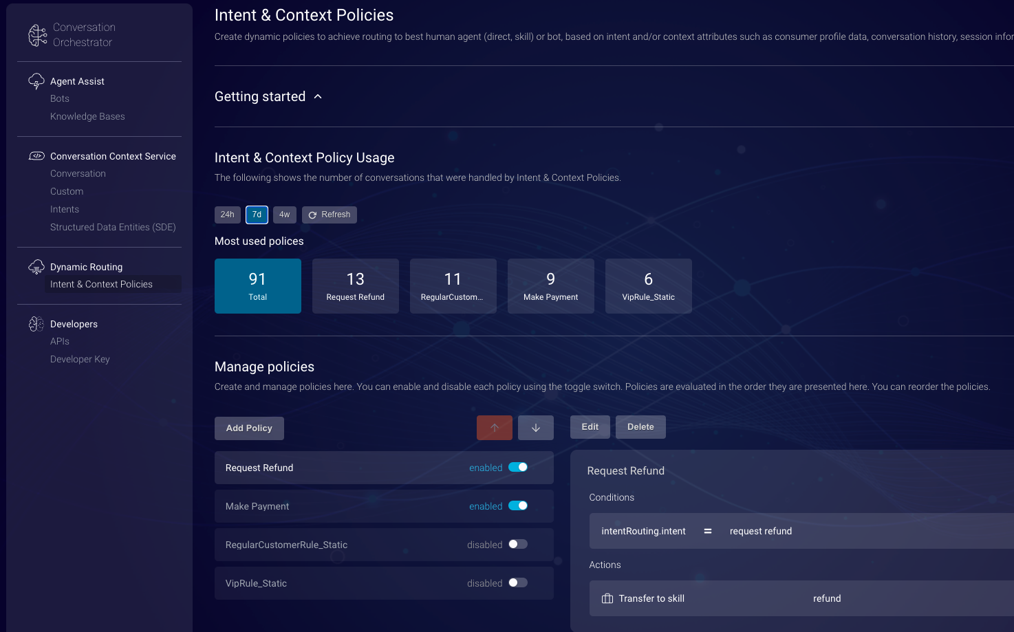 The Intent and Context Policies page under the Dynamic Routing section of the Conversation Orchestrator application