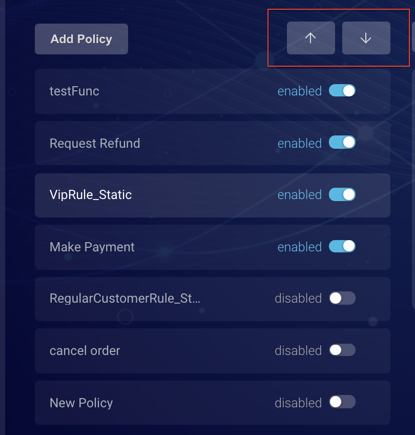 The up and down arrows for reordering the policy list so that the policies are evaluated in a desired order