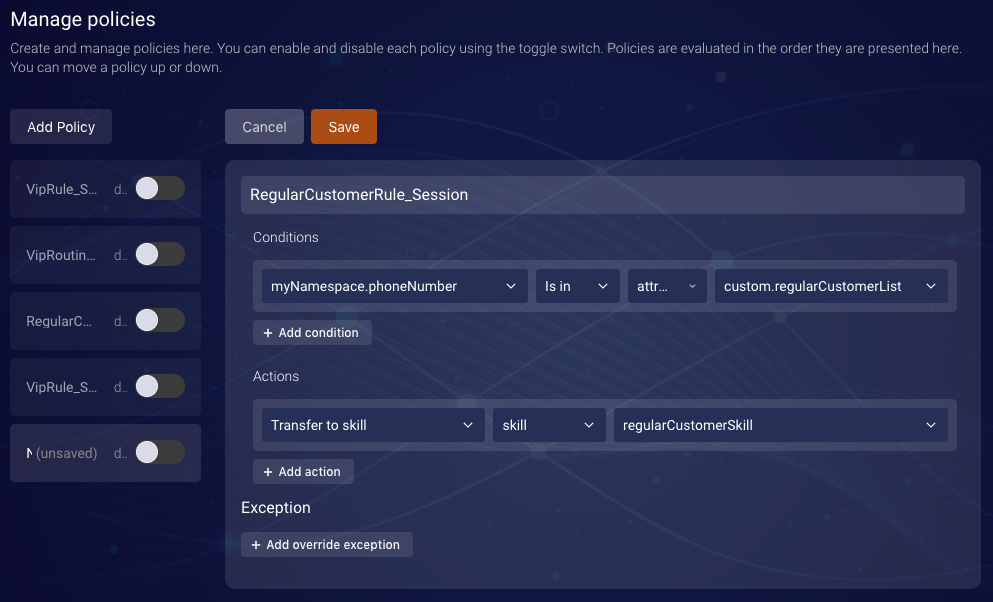 Creating a new policy named ‘RegularCustomerRule_Session’