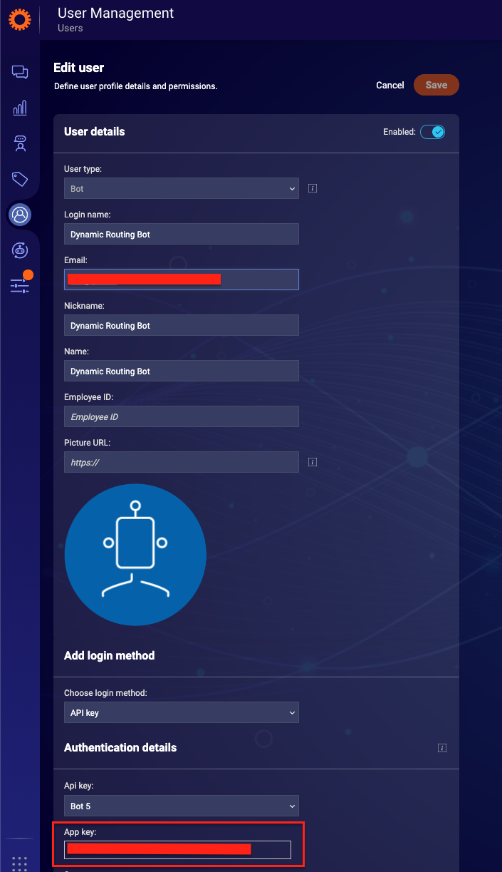 The App key field in the User Management section of Conversational Cloud